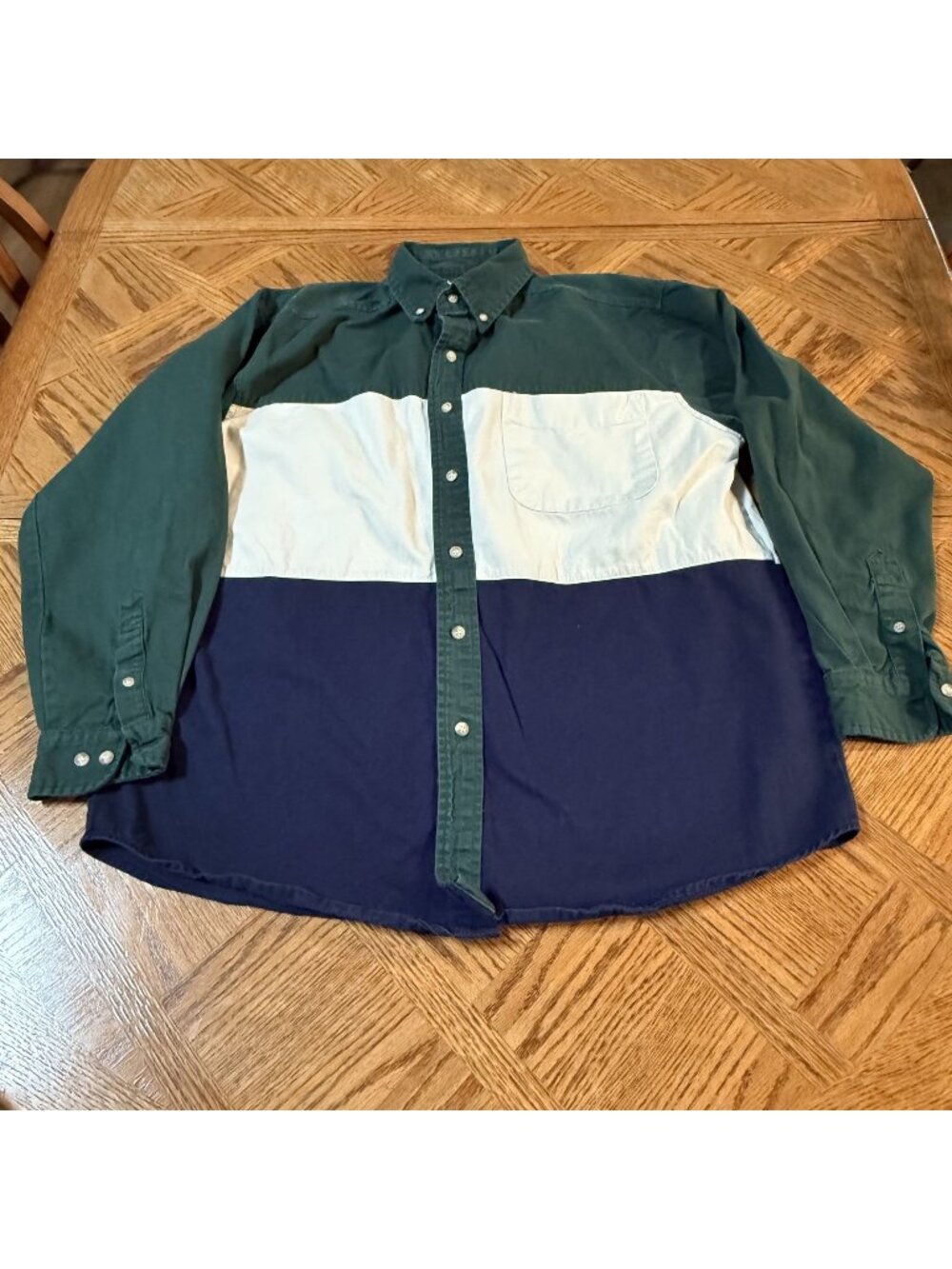 Vintage 90's Colorblock Button-Up Shirt Green White Navy Mens Large Cotton